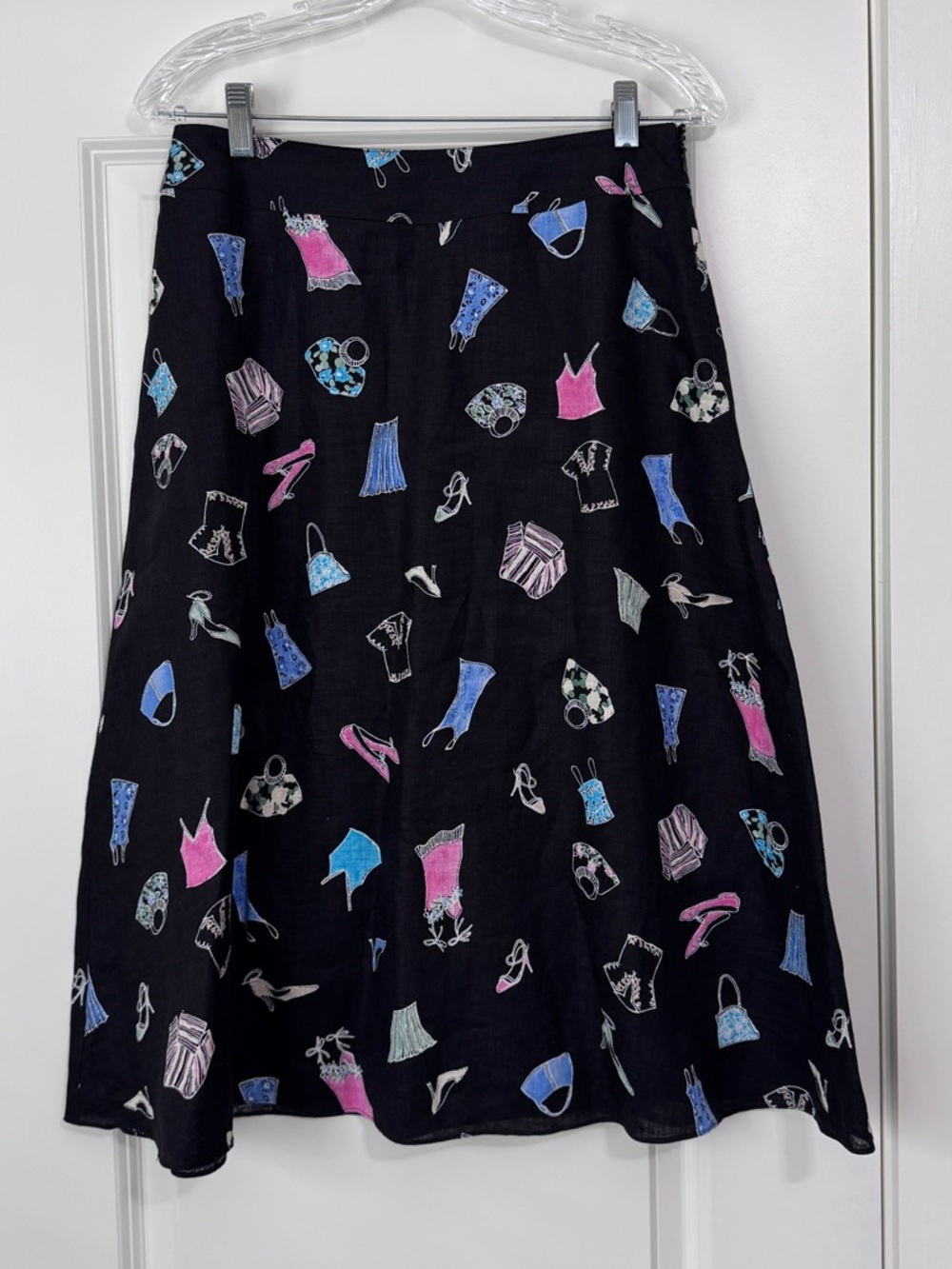 Liz Claiborne 6 Vintage 100% Linen Black A-Line Skirt w/ Handbag Novelty Print